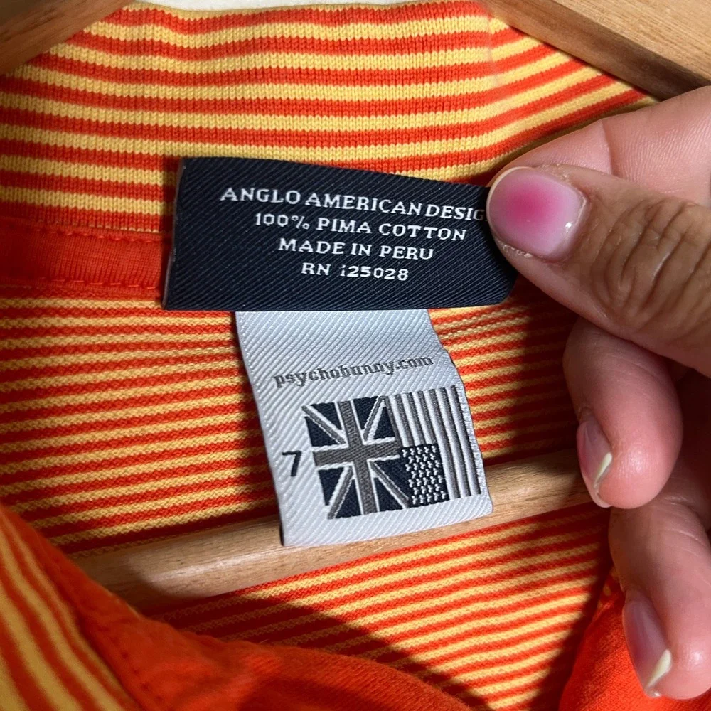 Psycho Bunny Mens Orange Striped Pima Cotton Polo Shirt Size 7/XL